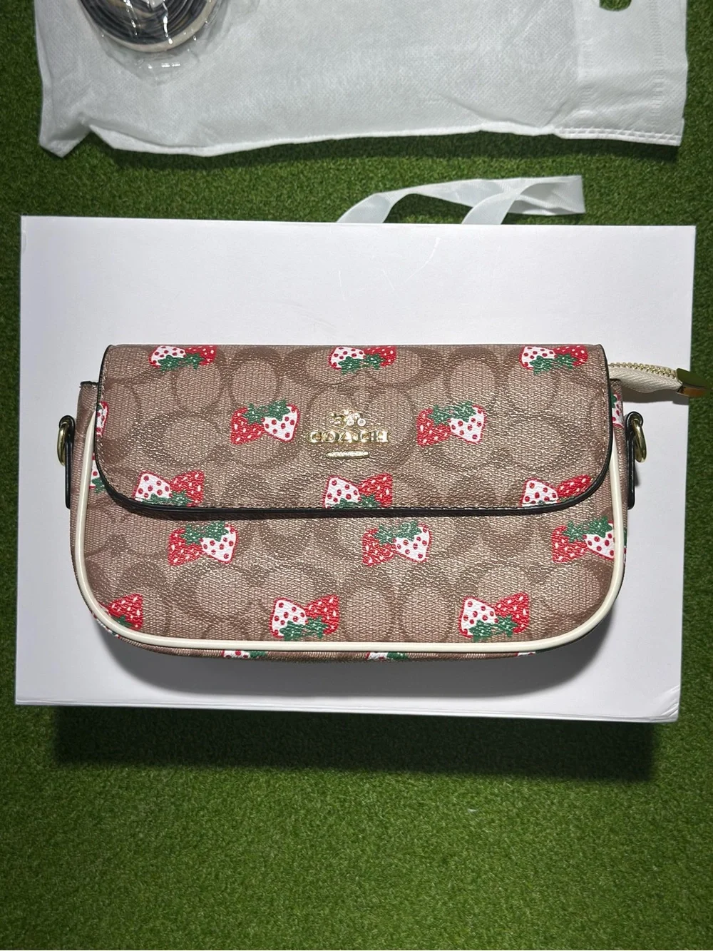 Coach Tan Signature Strawberry Print Crossbody with Cream Trim